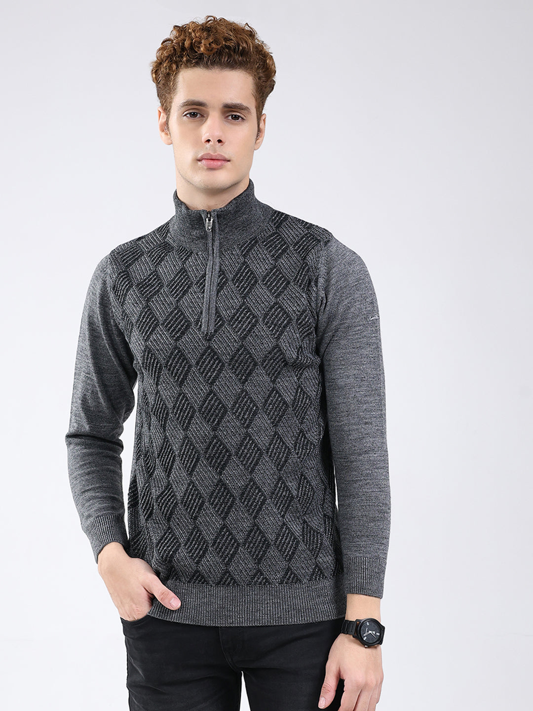 Men Grey Self Design Mock Neck Full Sleeve Pullover