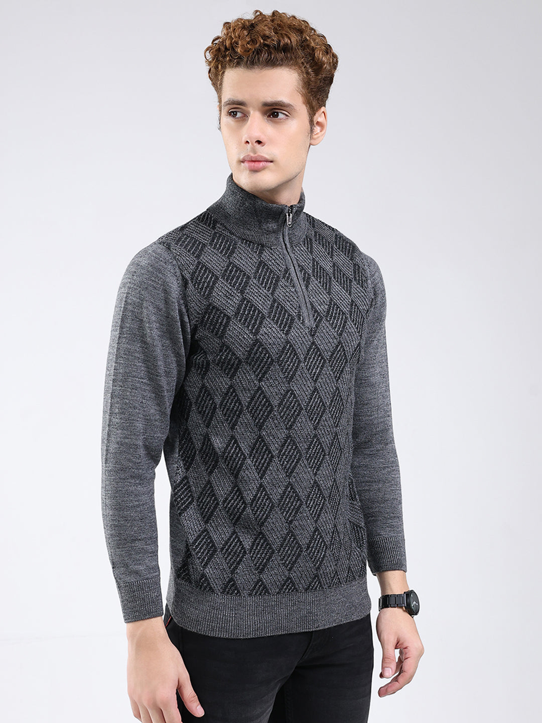 Men Grey Self Design Mock Neck Full Sleeve Pullover