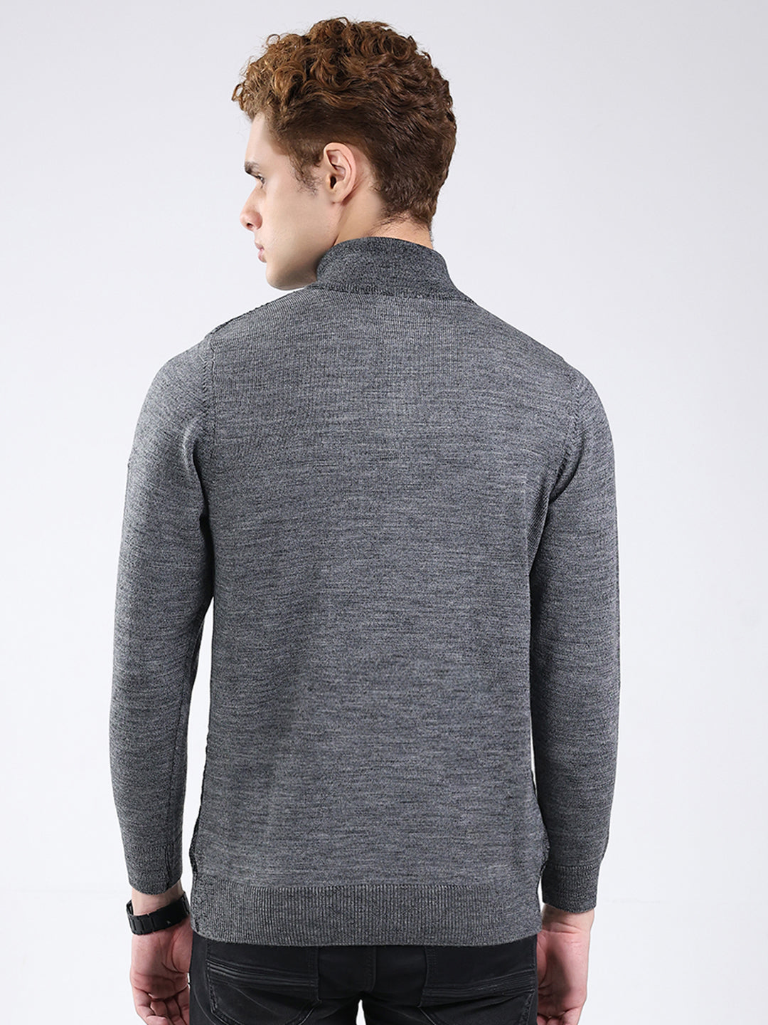 Men Grey Self Design Mock Neck Full Sleeve Pullover