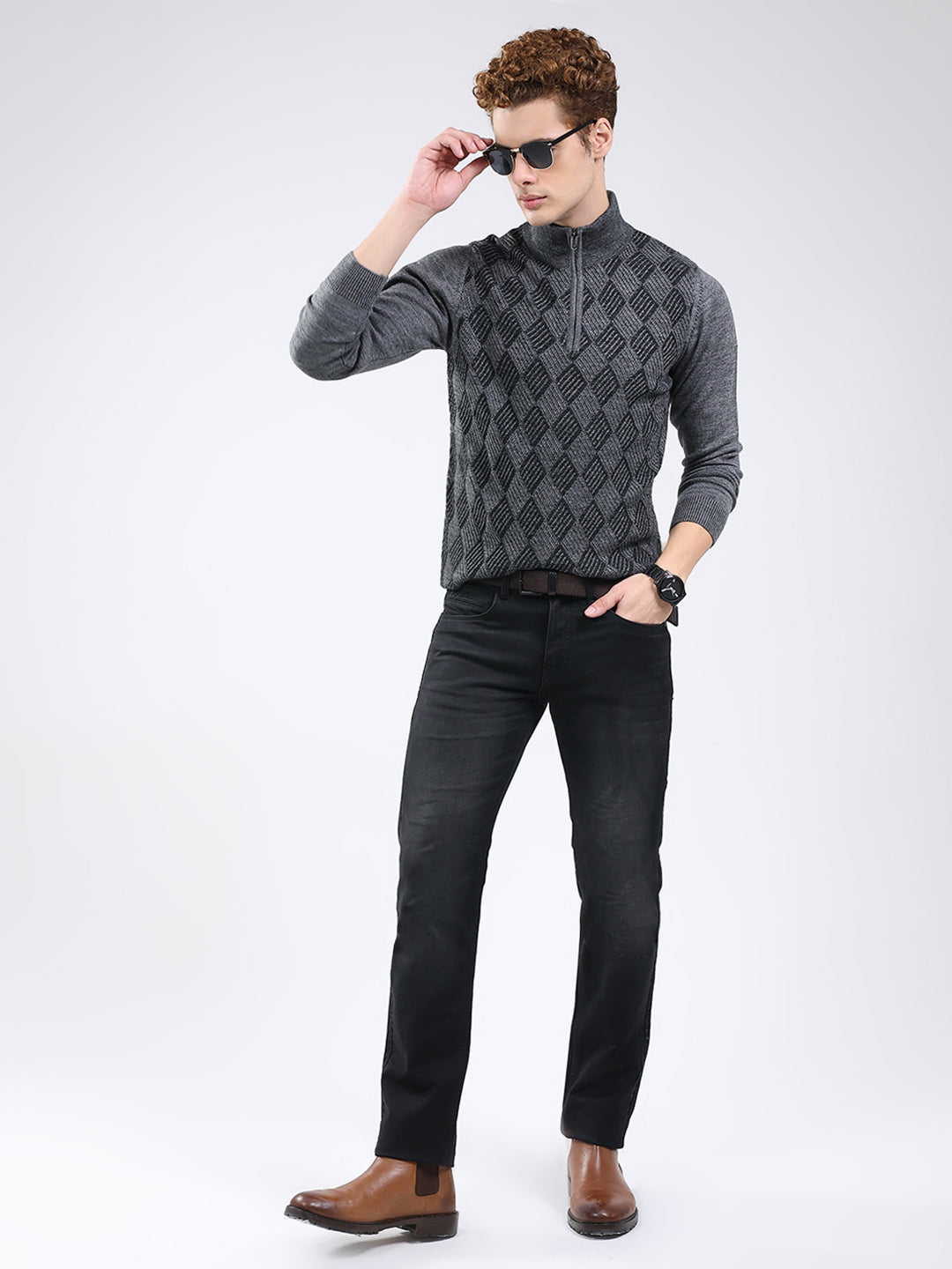 Men Grey Self Design Mock Neck Full Sleeve Pullover