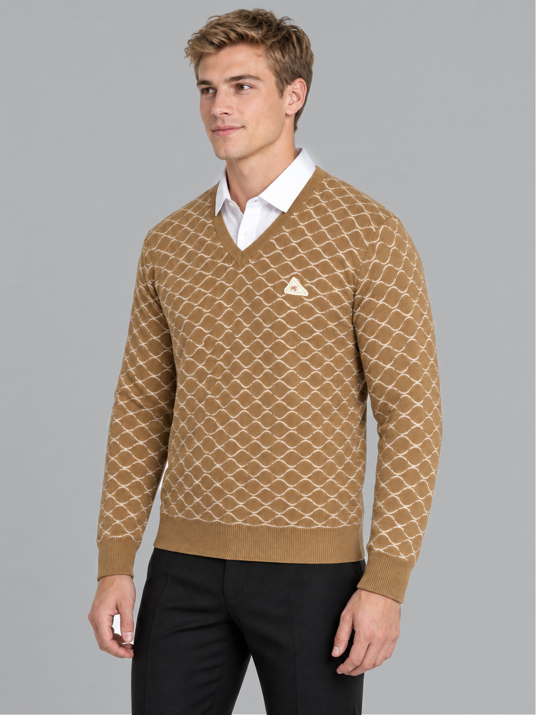 Men Camel Brown Designer V Neck Full Sleeve Pullover