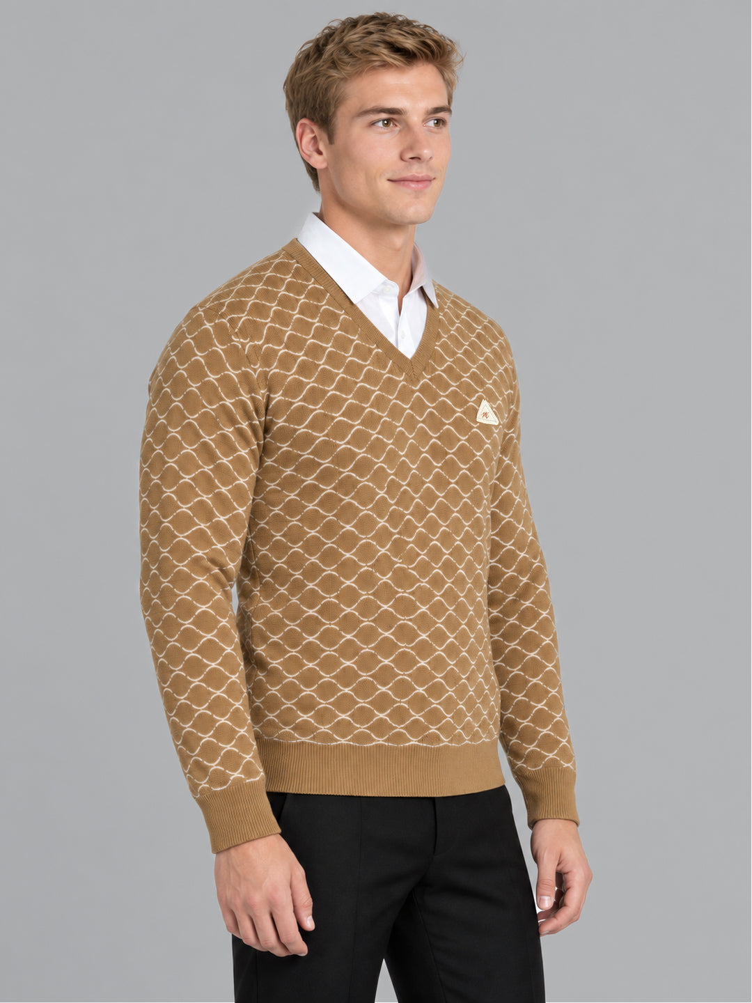 Men Camel Brown Designer V Neck Full Sleeve Pullover