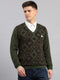 Men Green Printed V Neck Full Sleeve Pullover