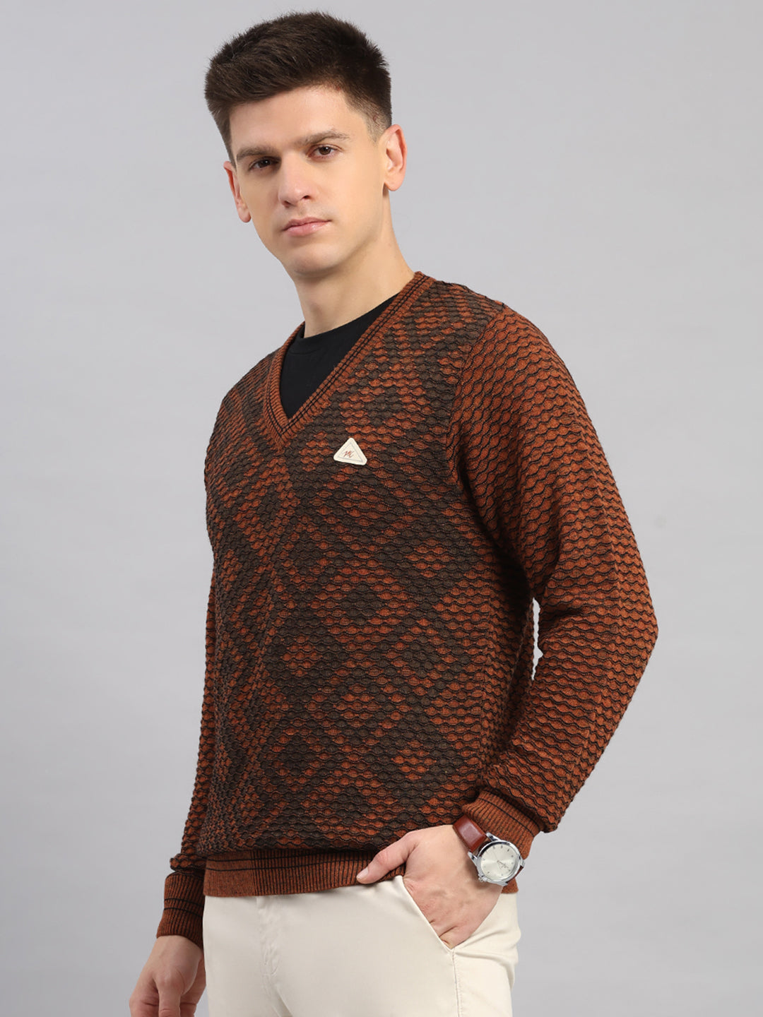 Men Rust Printed V Neck Full Sleeve Pullover