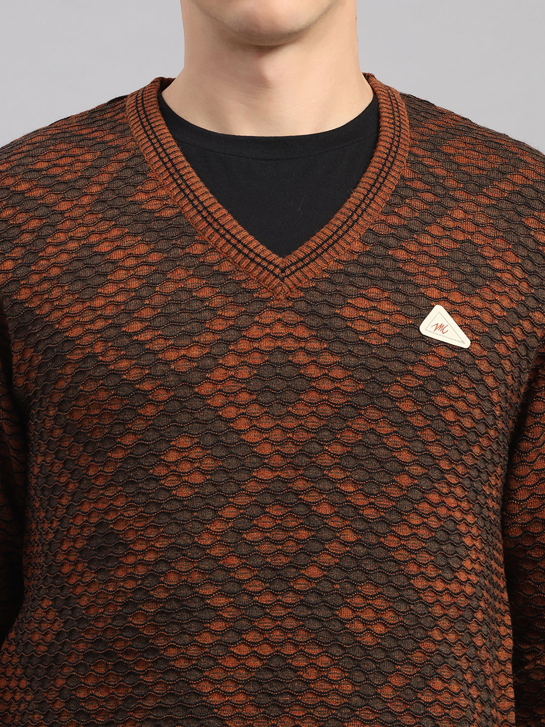 Men Rust Printed V Neck Full Sleeve Pullover