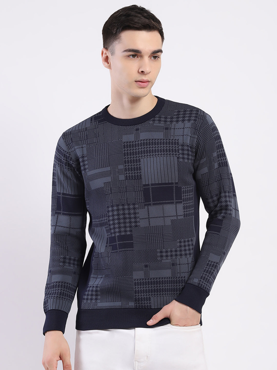 Men Navy Blue Self Design Round Neck Full Sleeve Pullover