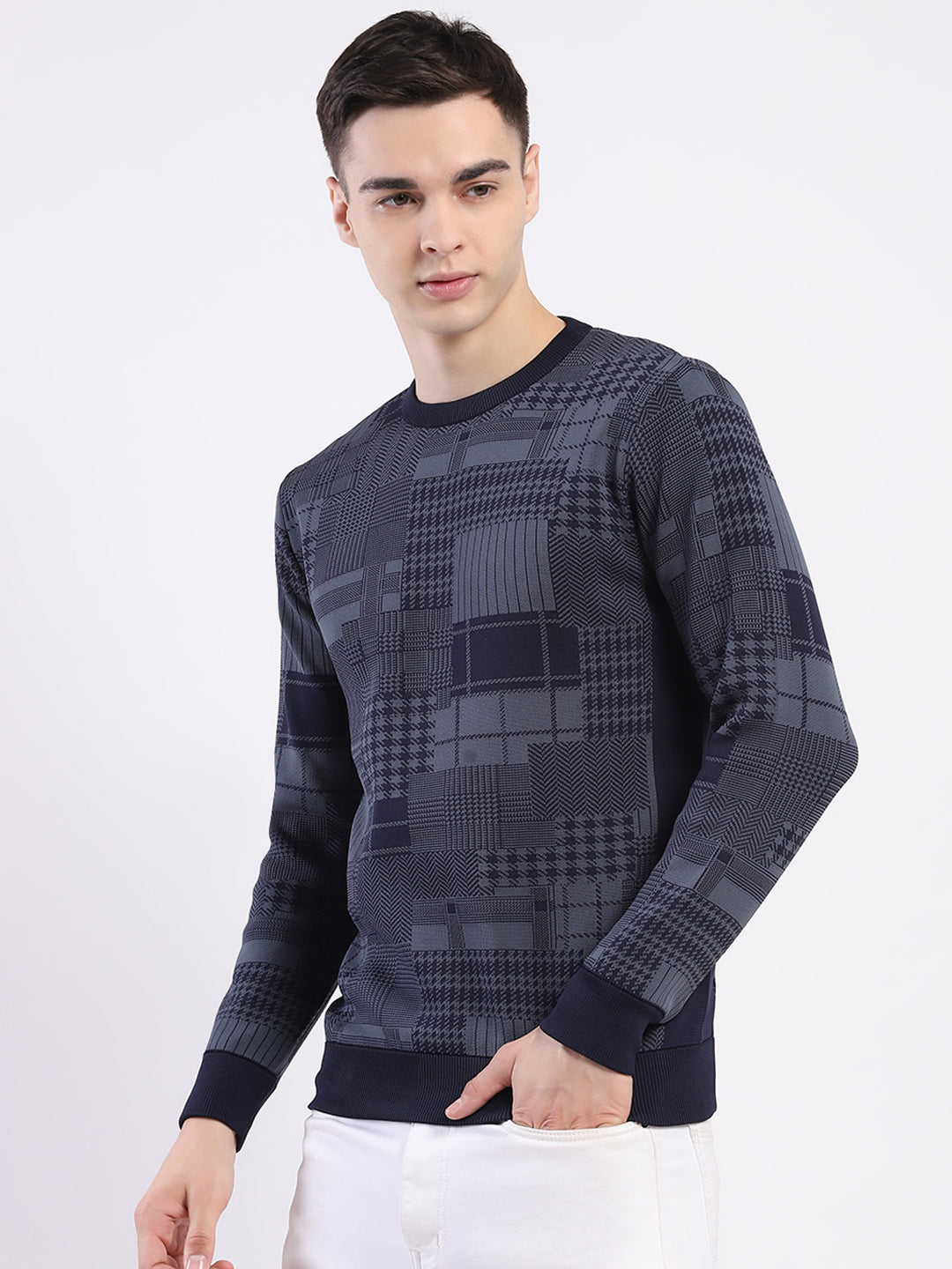 Men Navy Blue Self Design Round Neck Full Sleeve Pullover
