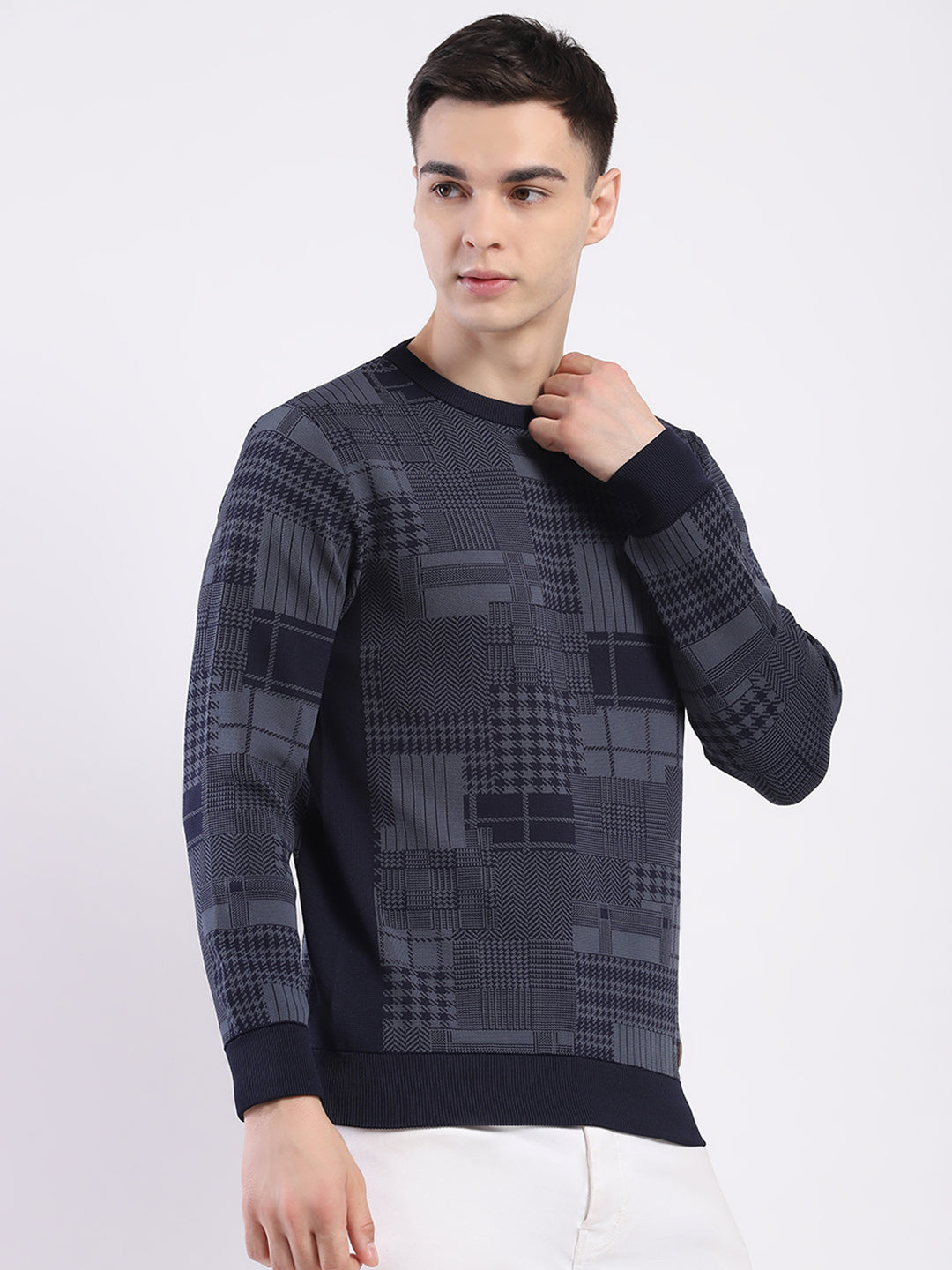 Men Navy Blue Self Design Round Neck Full Sleeve Pullover