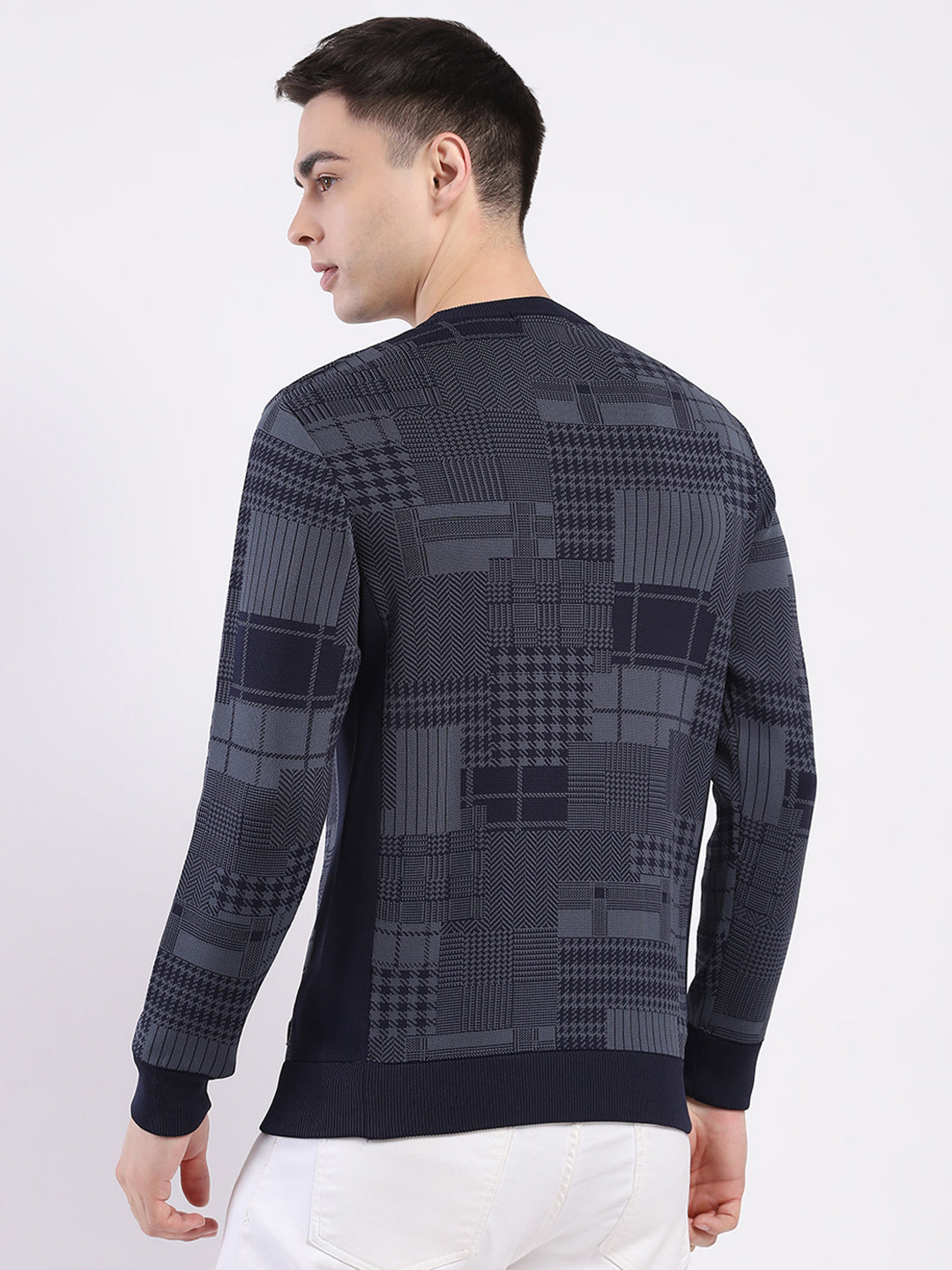 Men Navy Blue Self Design Round Neck Full Sleeve Pullover