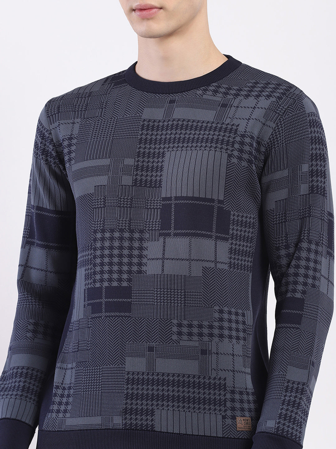 Men Navy Blue Self Design Round Neck Full Sleeve Pullover