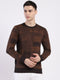 Men Brown Self Design Round Neck Full Sleeve Pullover