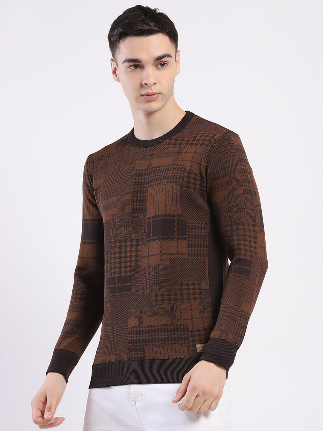 Men Brown Self Design Round Neck Full Sleeve Pullover