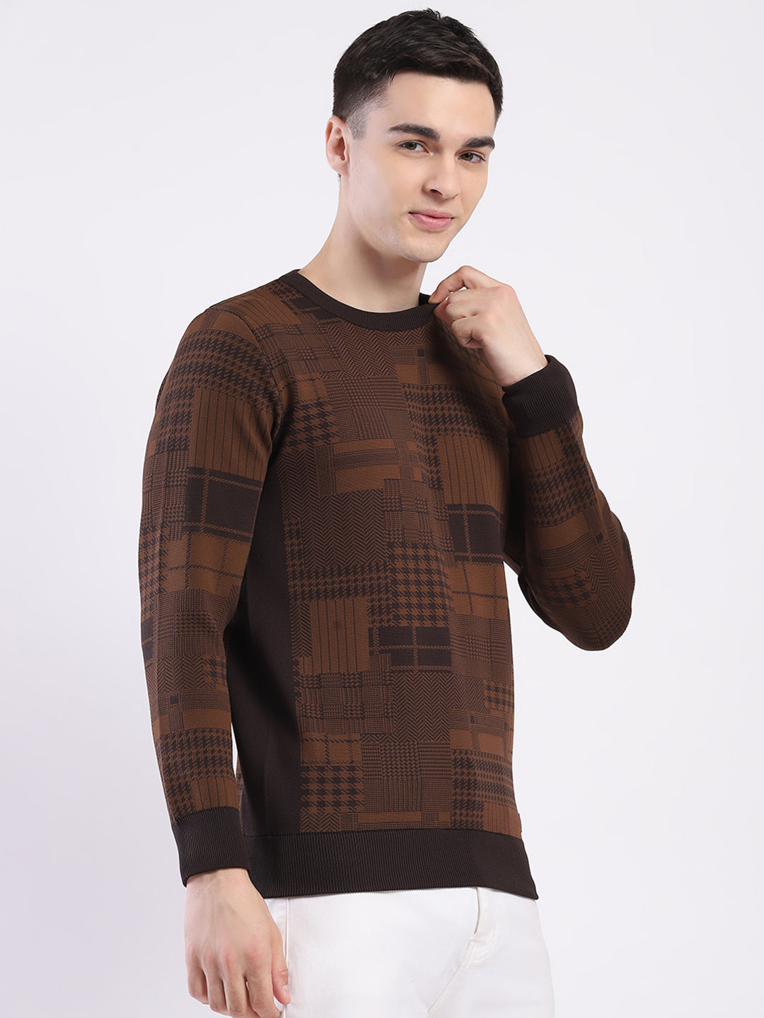 Men Brown Self Design Round Neck Full Sleeve Pullover