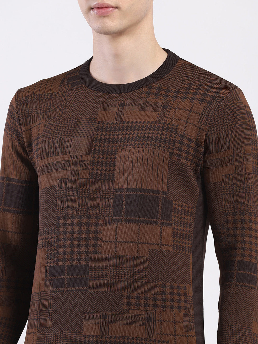 Men Brown Self Design Round Neck Full Sleeve Pullover
