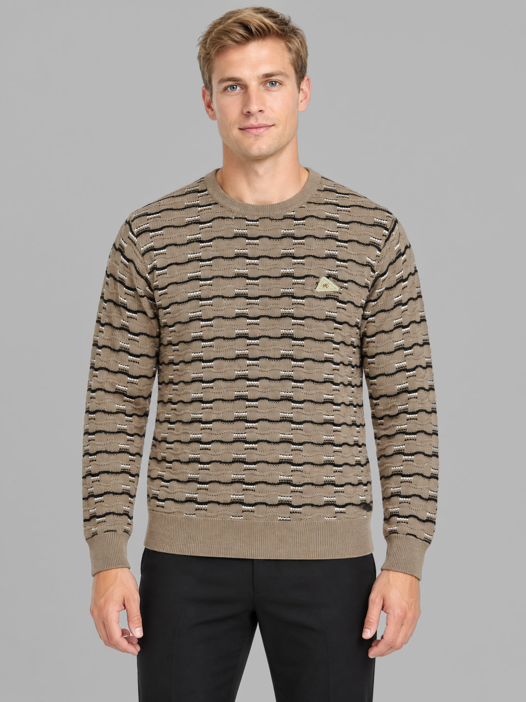 Men Beige Designer Round Neck Full Sleeve Pullover