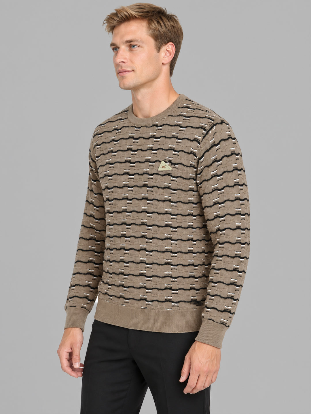 Men Beige Designer Round Neck Full Sleeve Pullover
