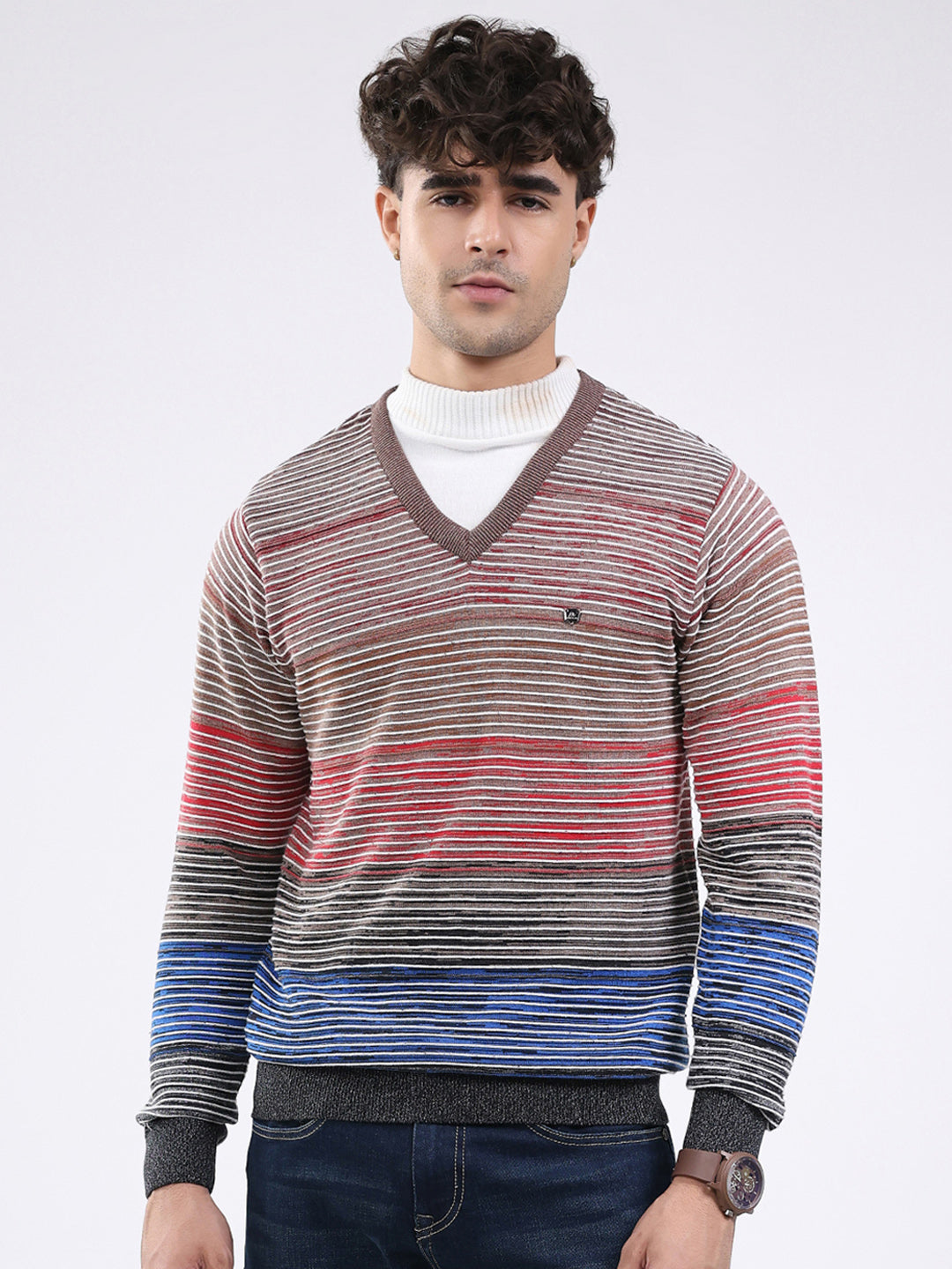 Men Multicolor Stripe V Neck Full Sleeve Pullover