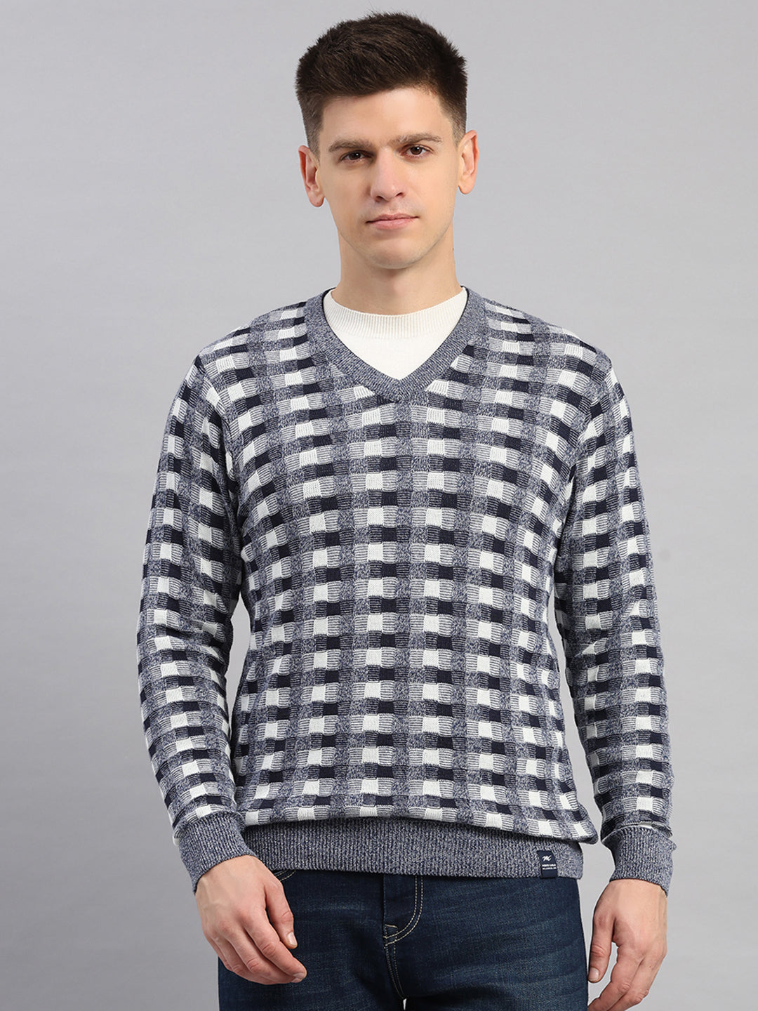 Men Light Blue Printed V Neck Full Sleeve Pullover