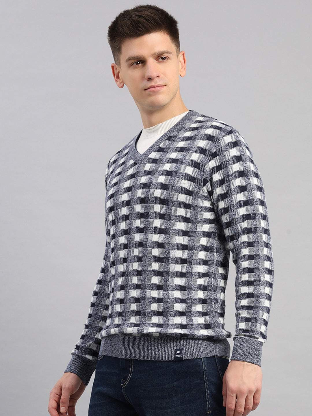 Men Light Blue Printed V Neck Full Sleeve Pullover