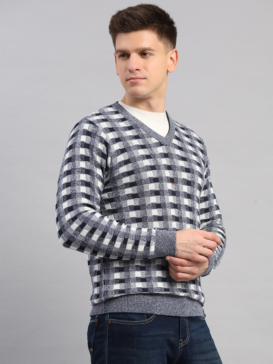 Men Light Blue Printed V Neck Full Sleeve Pullover