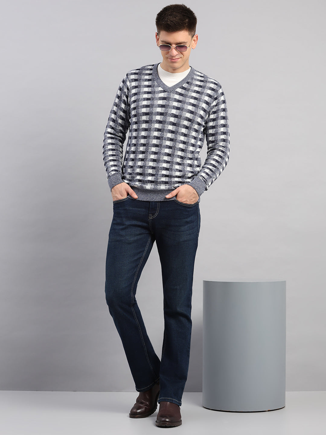 Men Light Blue Printed V Neck Full Sleeve Pullover