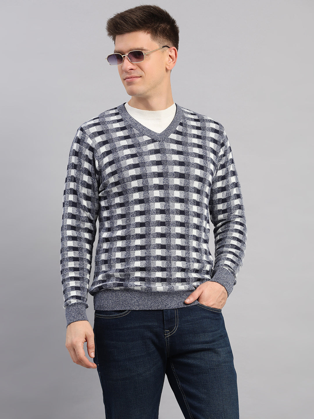 Men Light Blue Printed V Neck Full Sleeve Pullover