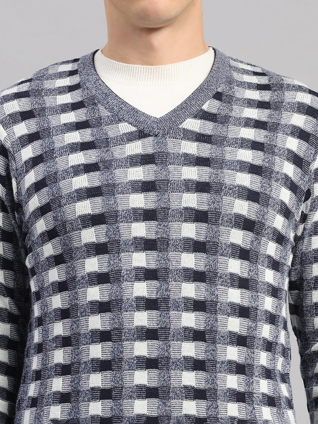 Men Light Blue Printed V Neck Full Sleeve Pullover