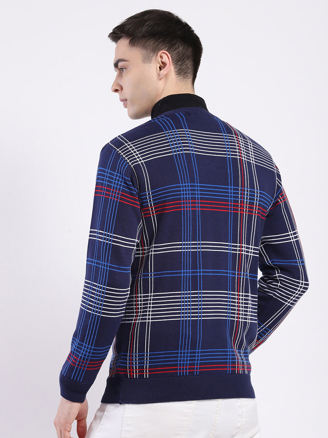 Men Blue Self Design V Neck Full Sleeve Pullover