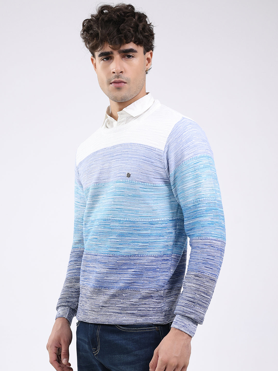 Men Blue Solid Round Neck Full Sleeve Pullover
