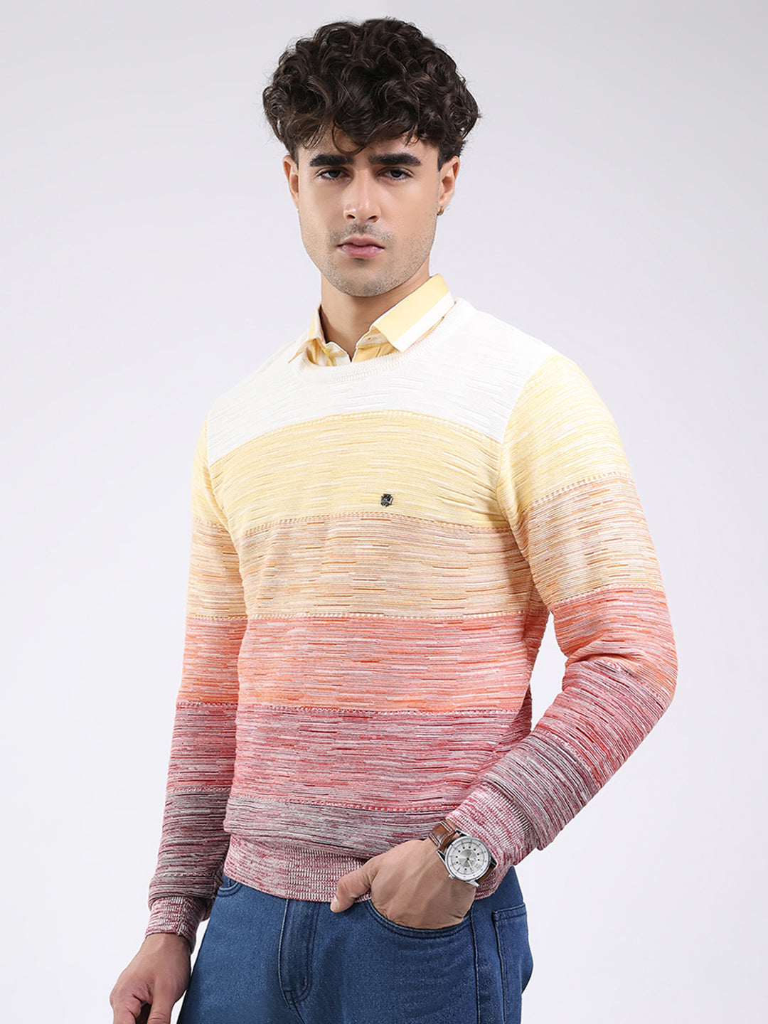 Men Pink Solid Round Neck Full Sleeve Pullover