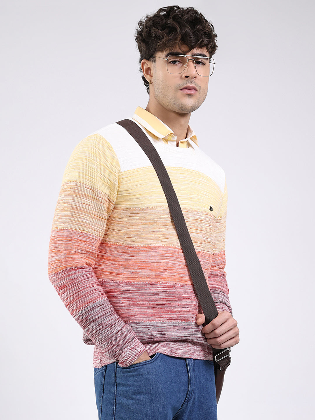 Men Pink Solid Round Neck Full Sleeve Pullover