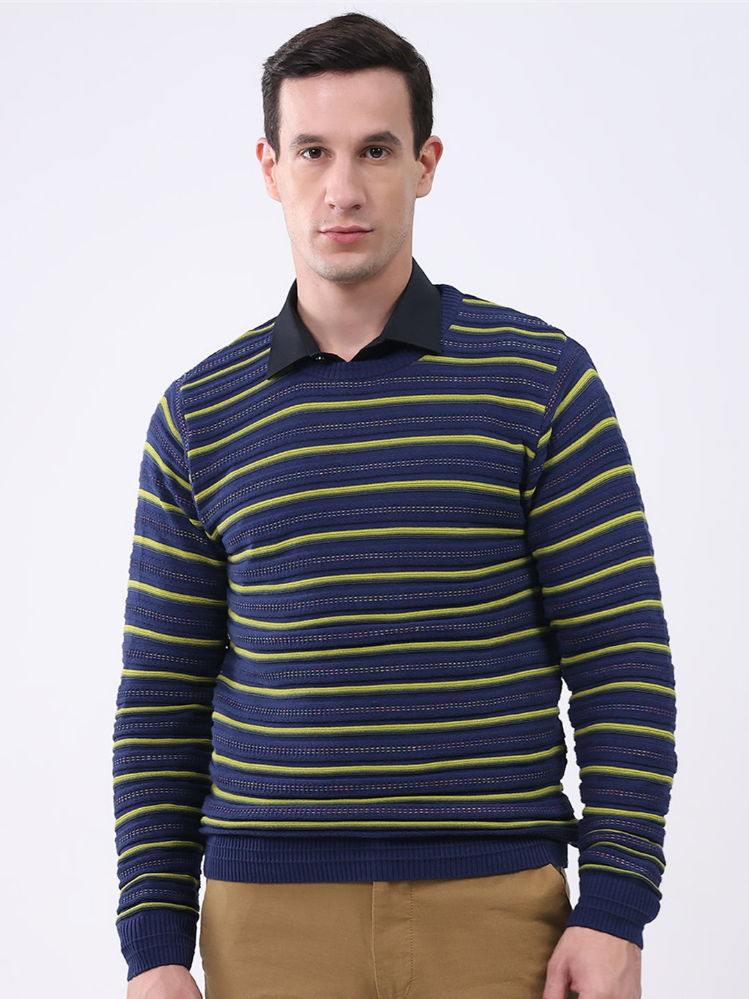 Men Blue Stripe Round Neck Full Sleeve Pullover