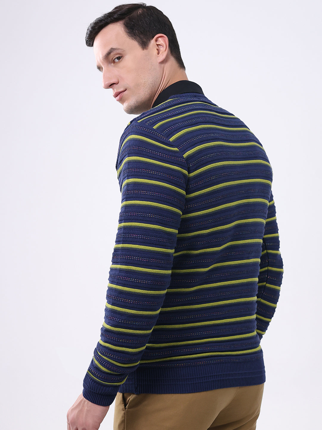 Men Blue Stripe Round Neck Full Sleeve Pullover