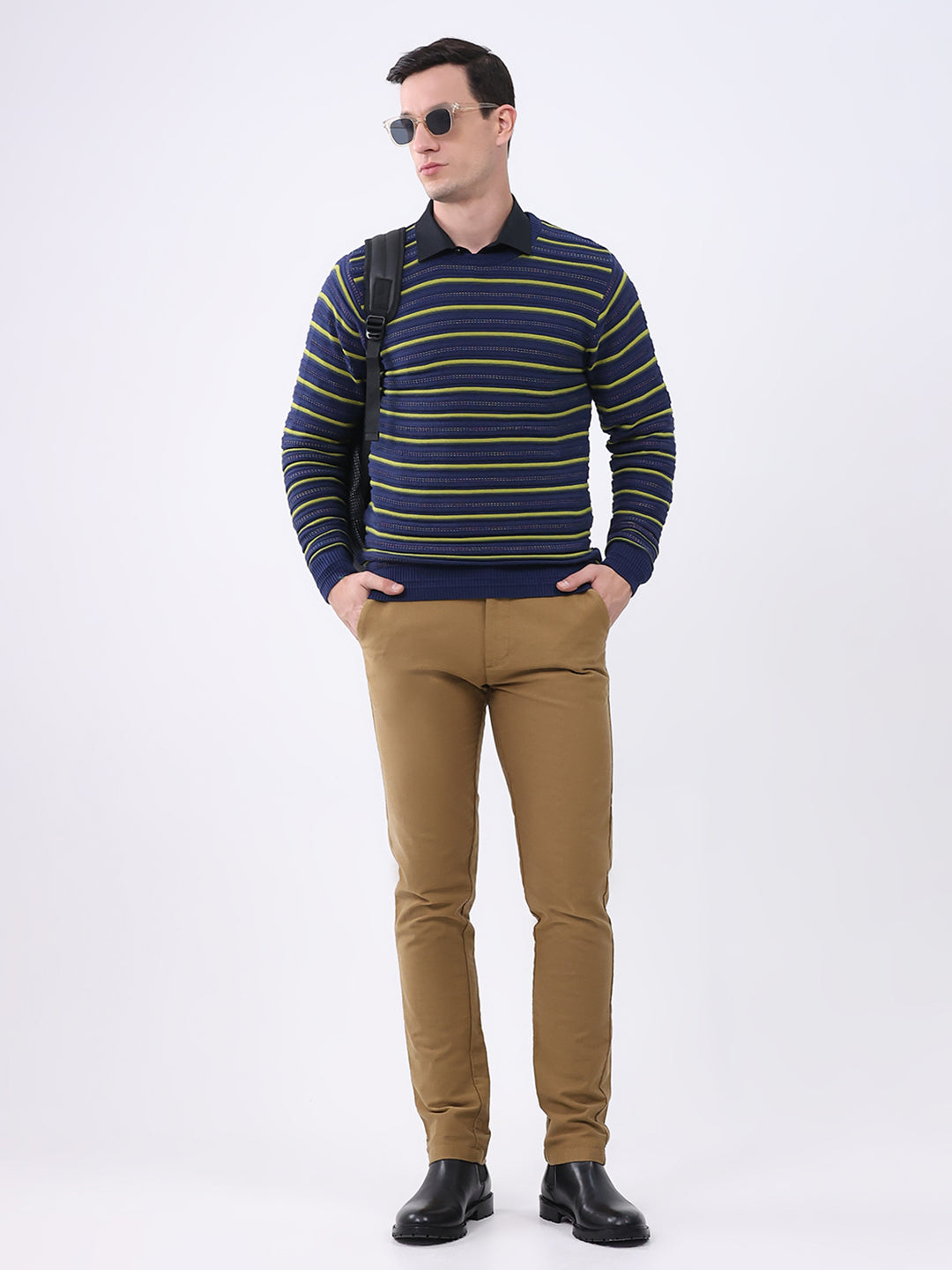 Men Blue Stripe Round Neck Full Sleeve Pullover