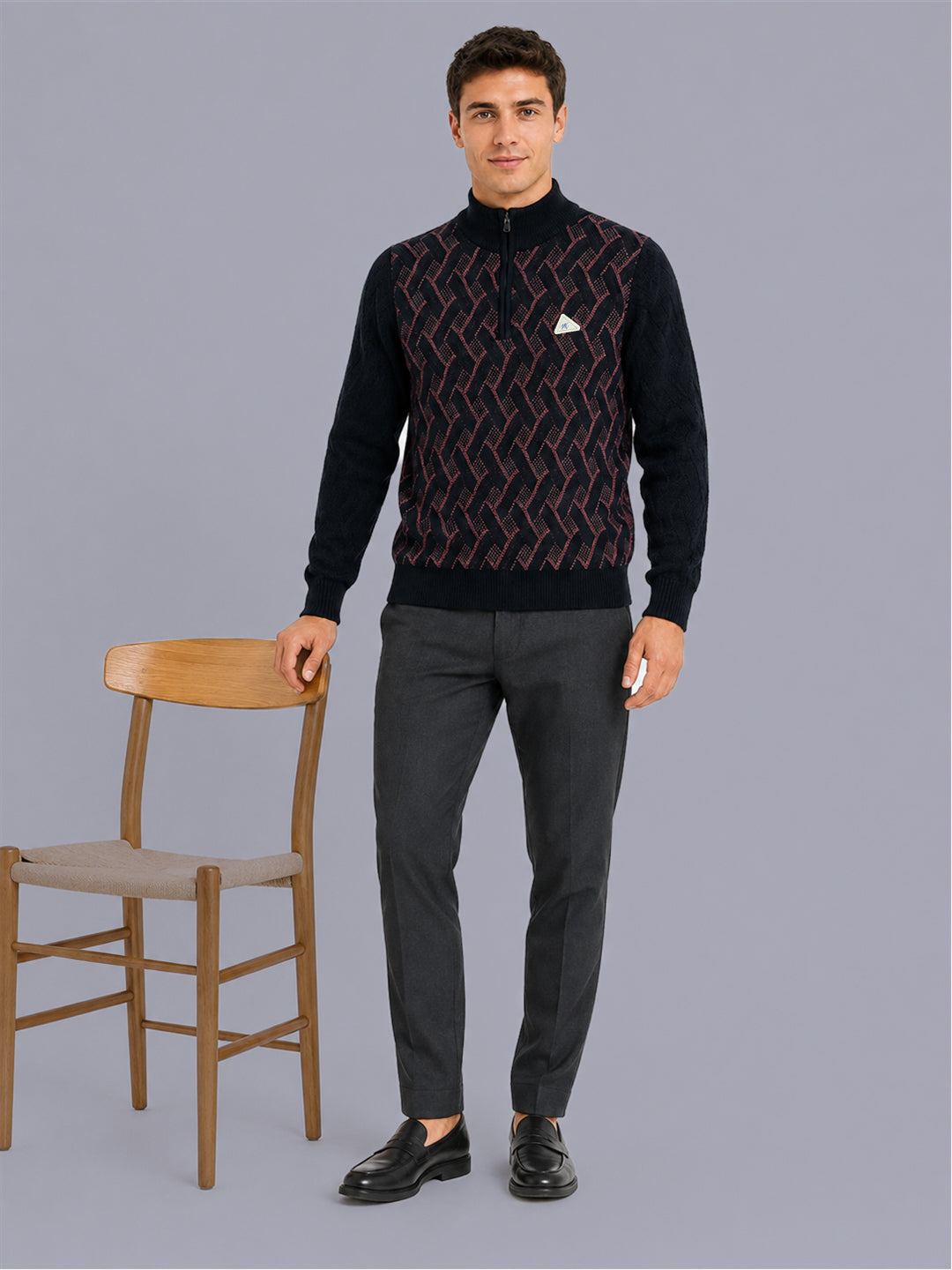 Men Navy Blue Jacquard Collar Full Sleeve Pullover