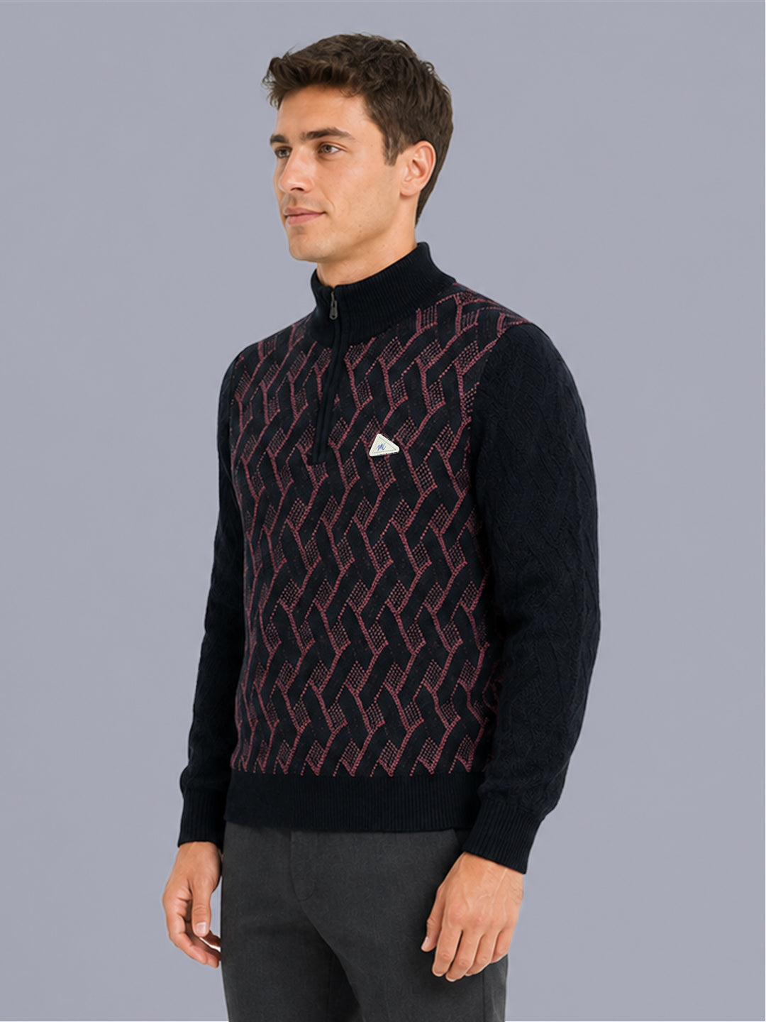 Men Navy Blue Jacquard Collar Full Sleeve Pullover