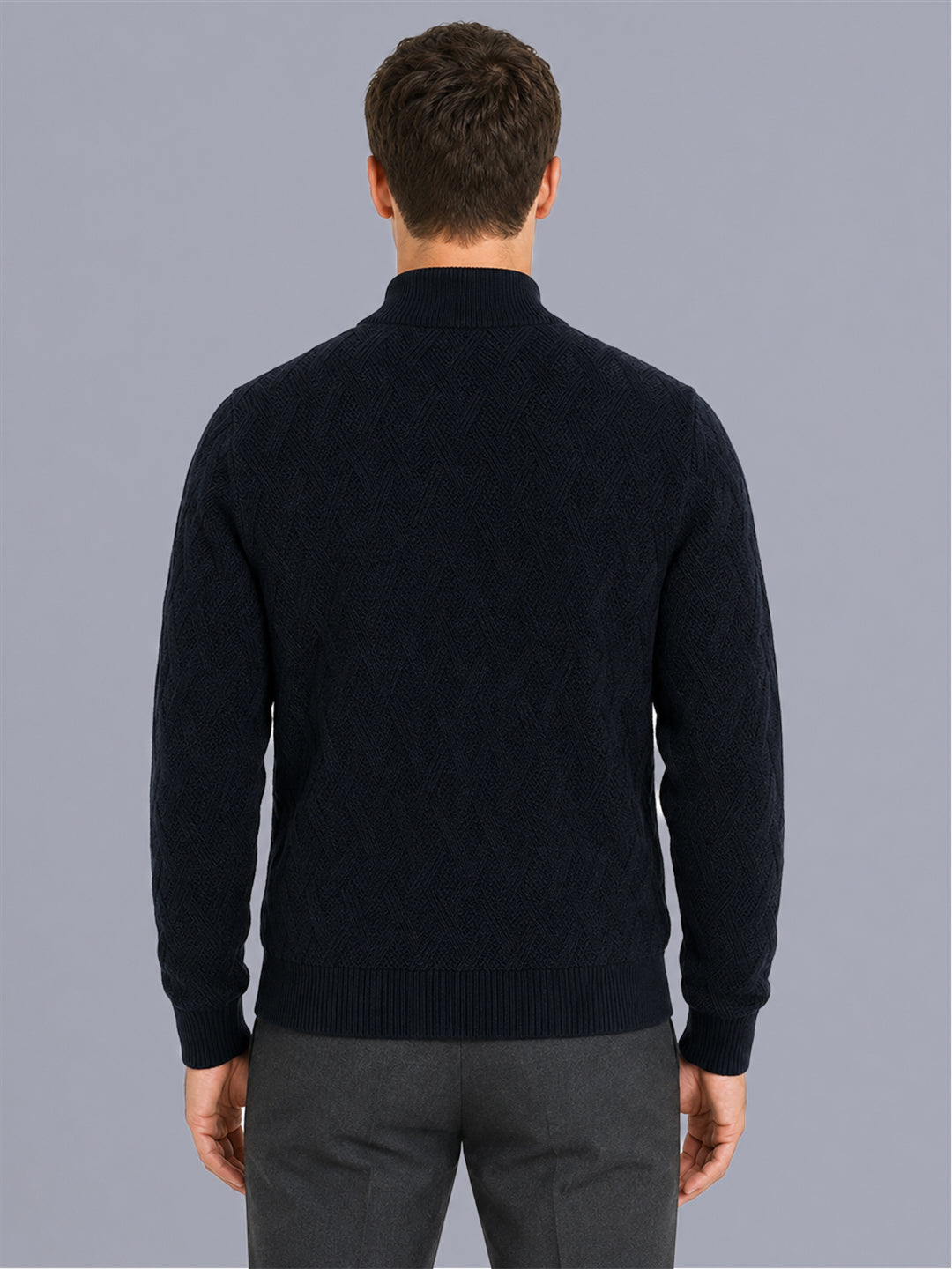 Men Navy Blue Jacquard Collar Full Sleeve Pullover