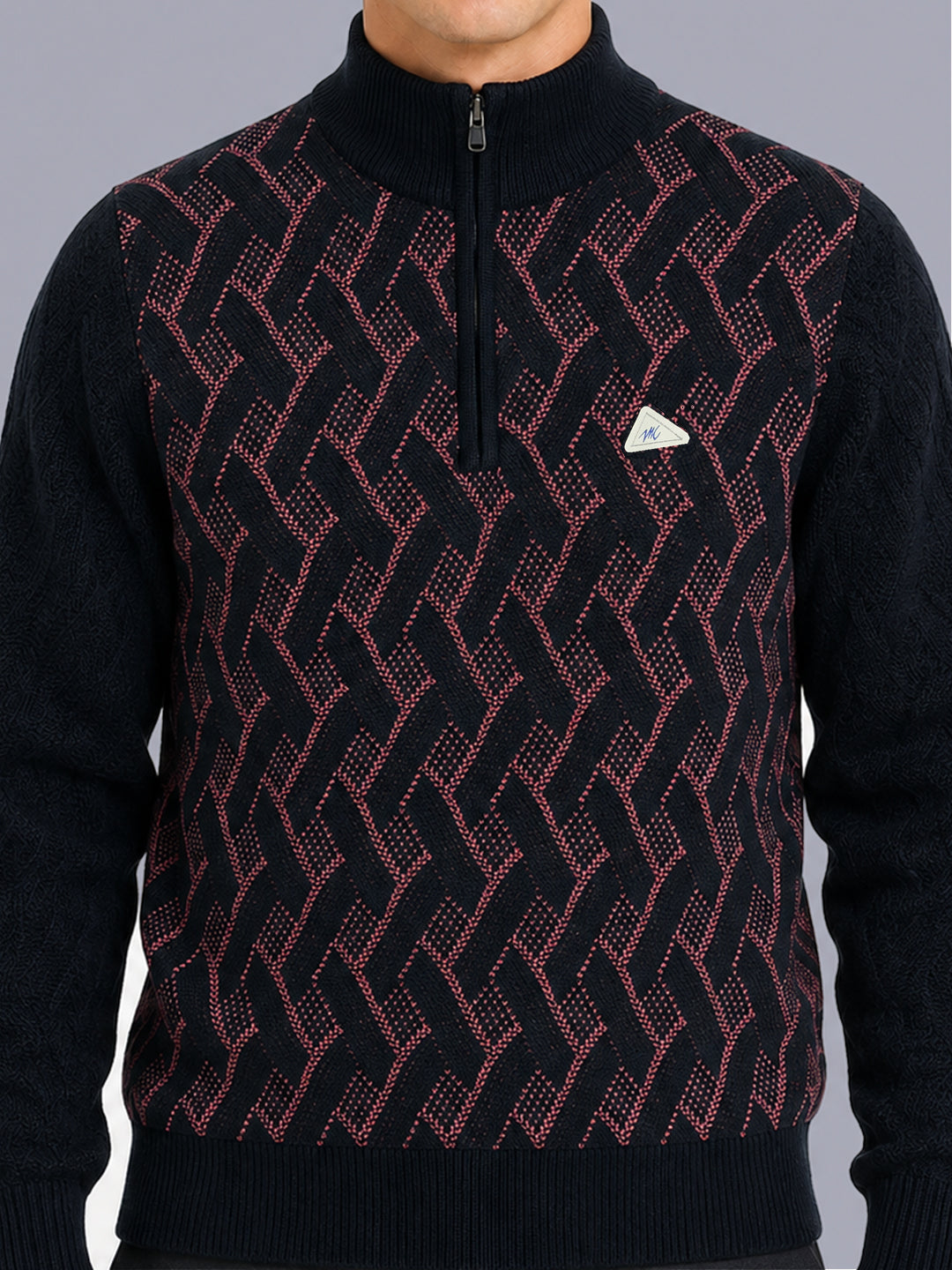 Men Navy Blue Jacquard Collar Full Sleeve Pullover