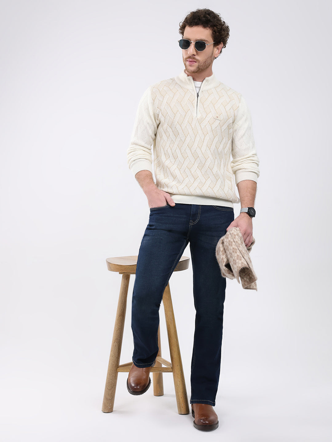 Men White Self Design Mock Neck Full Sleeve Pullover
