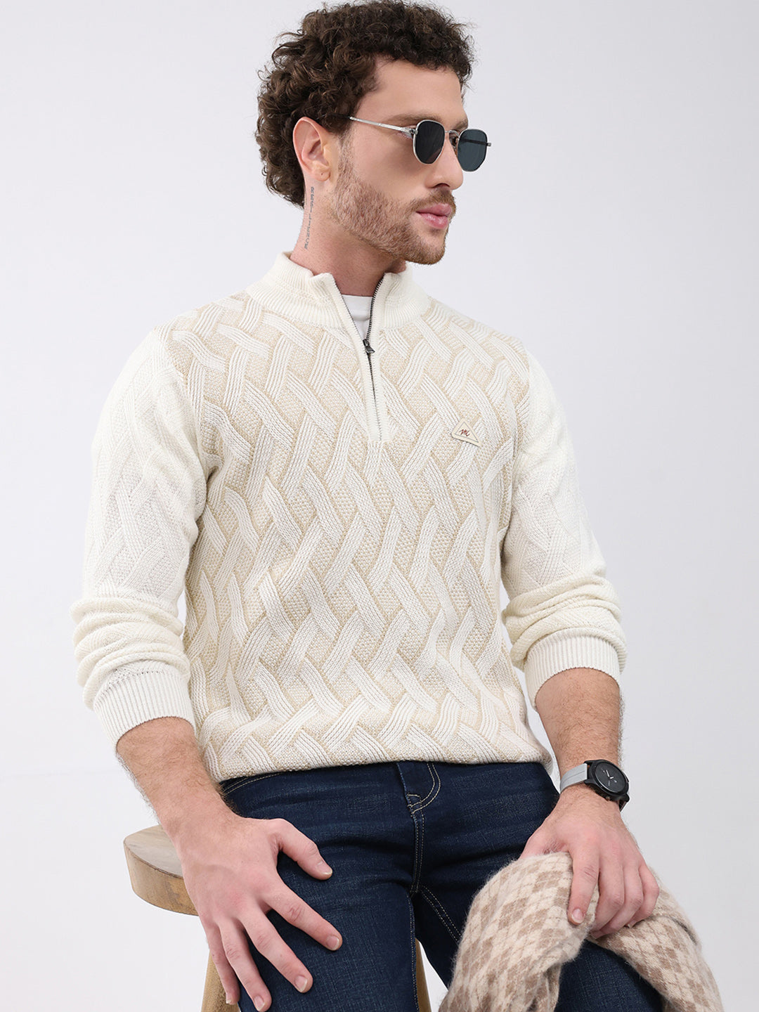 Men White Self Design Mock Neck Full Sleeve Pullover
