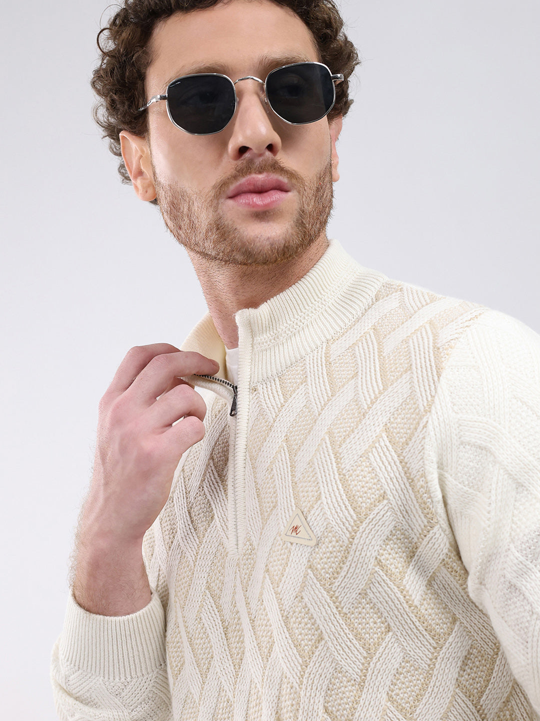 Men White Self Design Mock Neck Full Sleeve Pullover