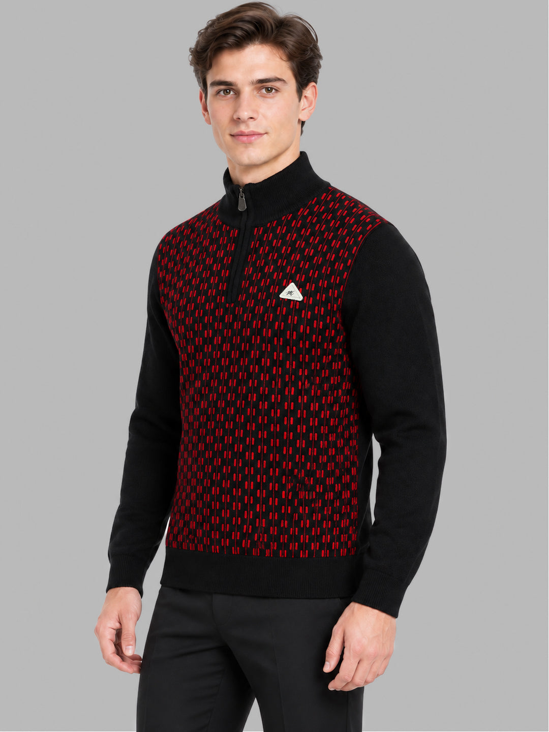 Men Black Jacquard Collar Full Sleeve Pullover