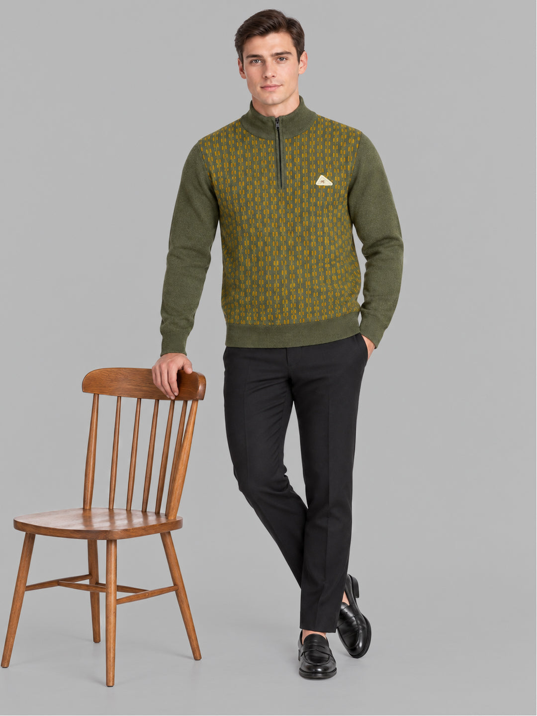 Men Green Jacquard Collar Full Sleeve Pullover