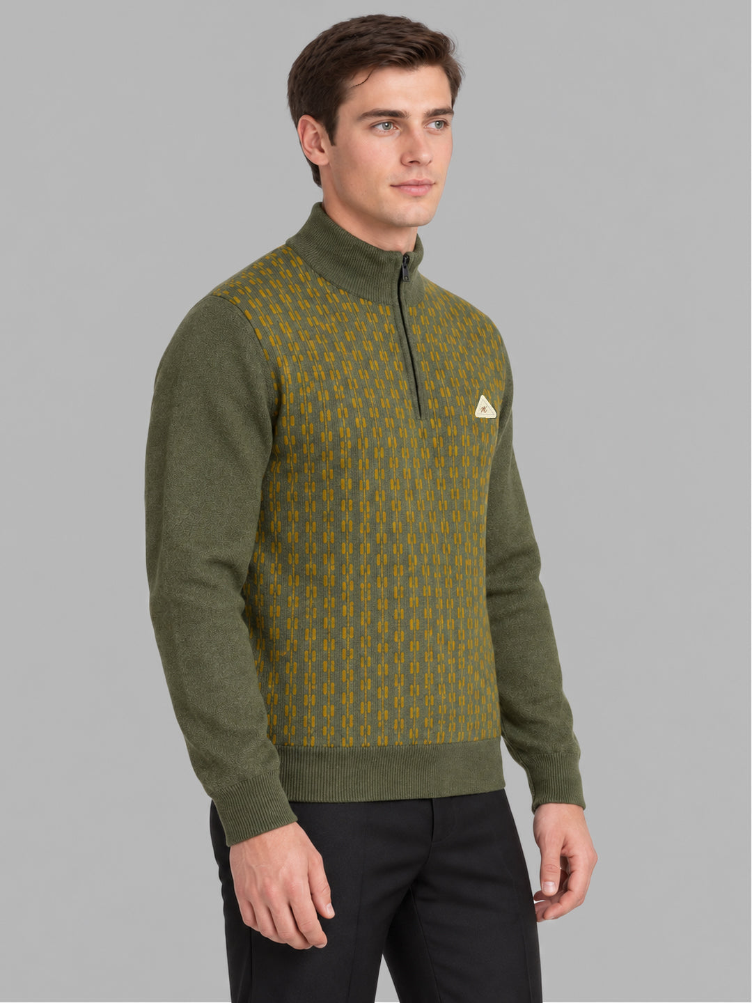 Men Green Jacquard Collar Full Sleeve Pullover