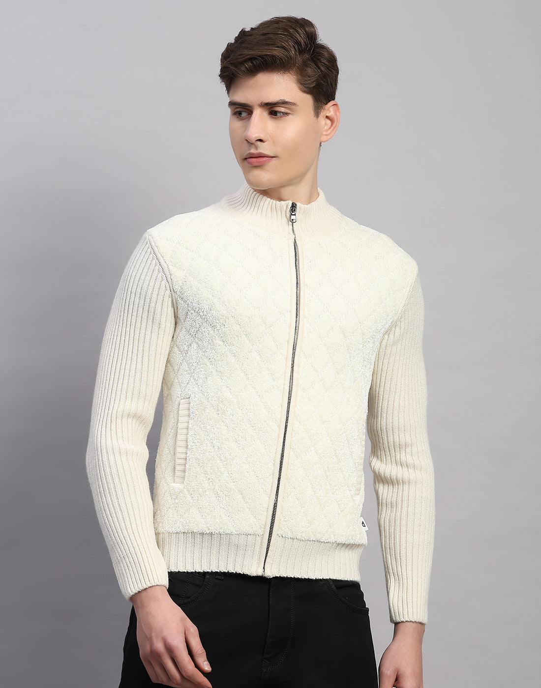 Men White Printed Turtle Neck Full Sleeve Pullover