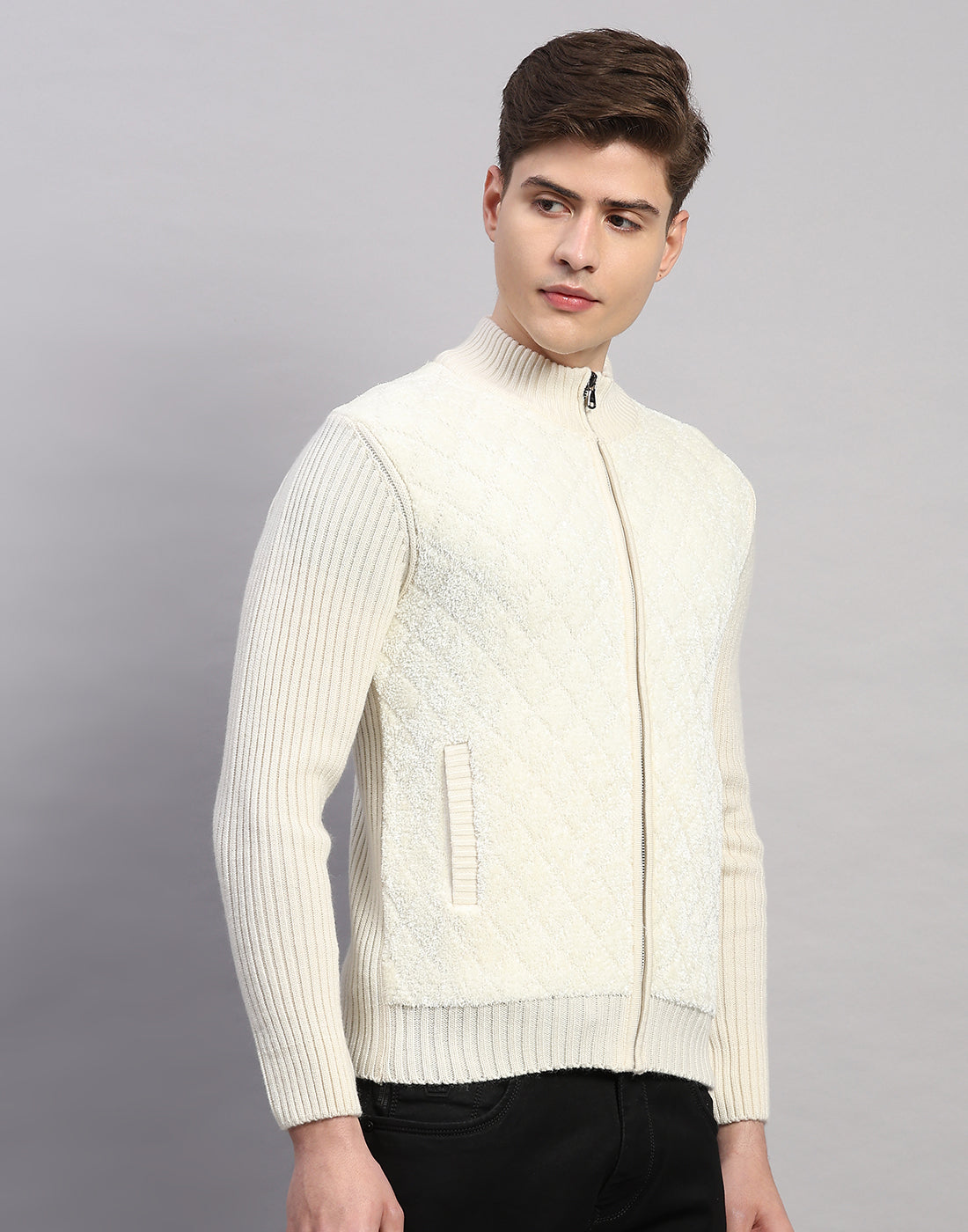 Men White Printed Turtle Neck Full Sleeve Pullover