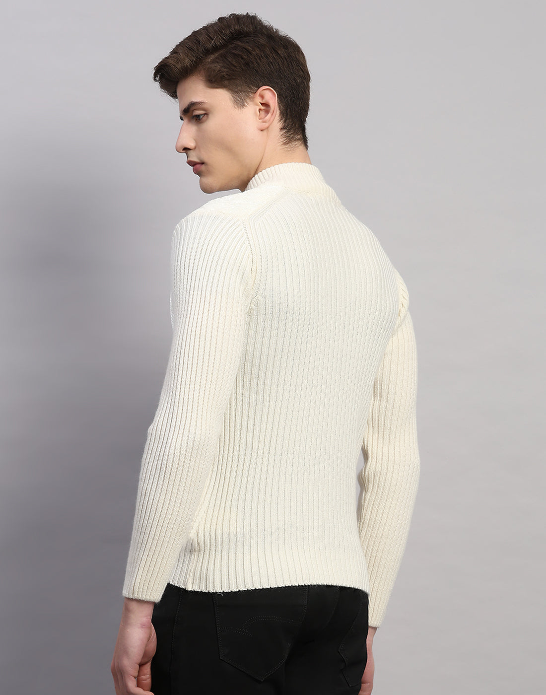 Men White Printed Turtle Neck Full Sleeve Pullover