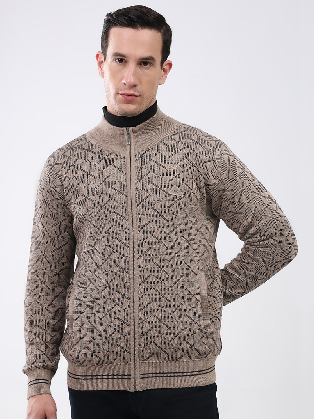 Men Beige Self Design Mock Neck Full Sleeve Pullover