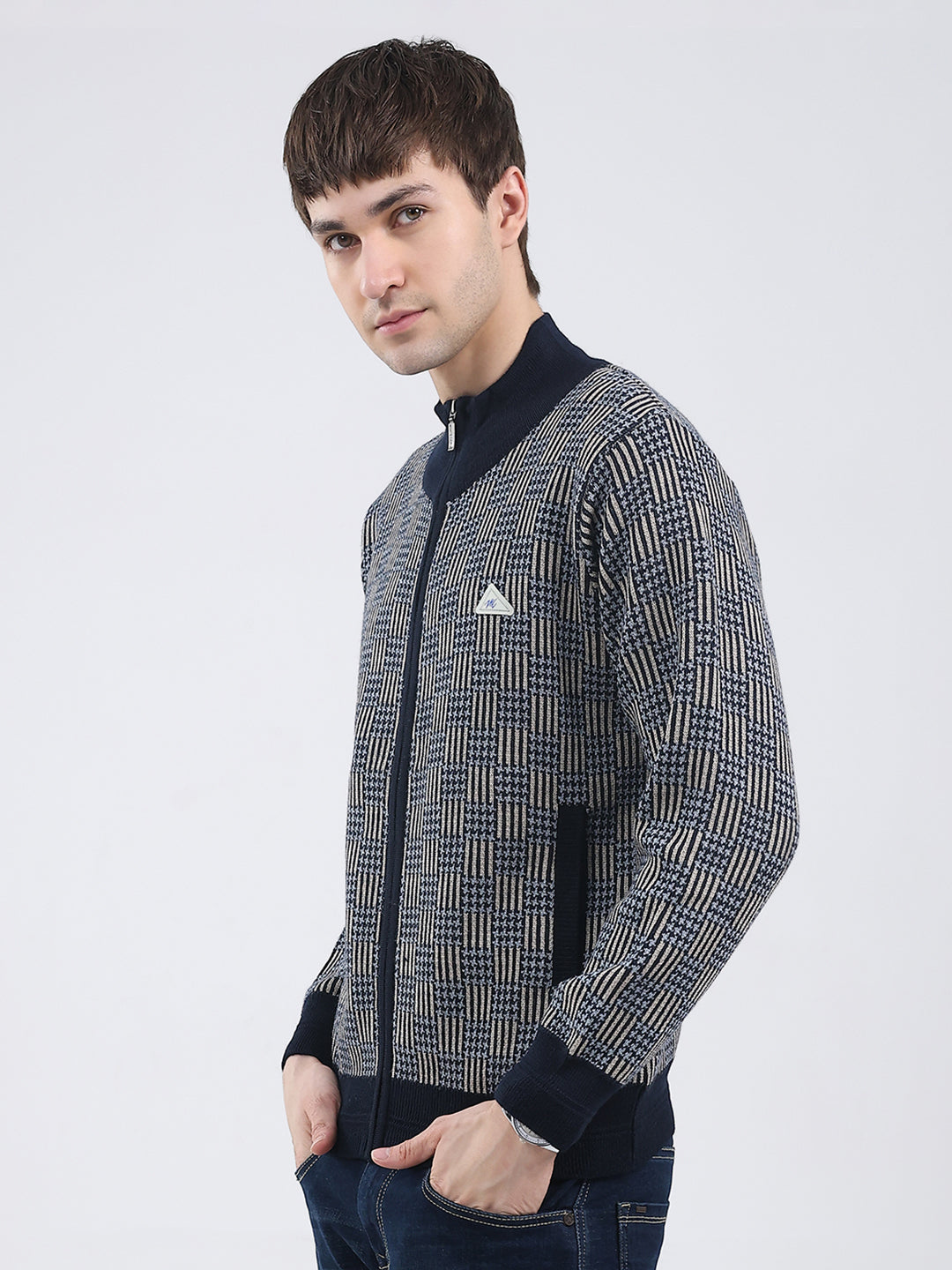 Men Navy Blue Self Design Mock Neck Full Sleeve Pullover