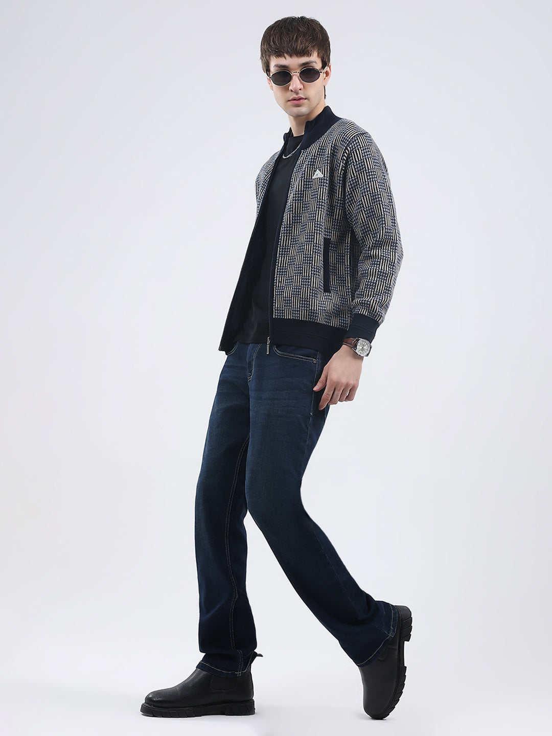 Men Navy Blue Self Design Mock Neck Full Sleeve Pullover